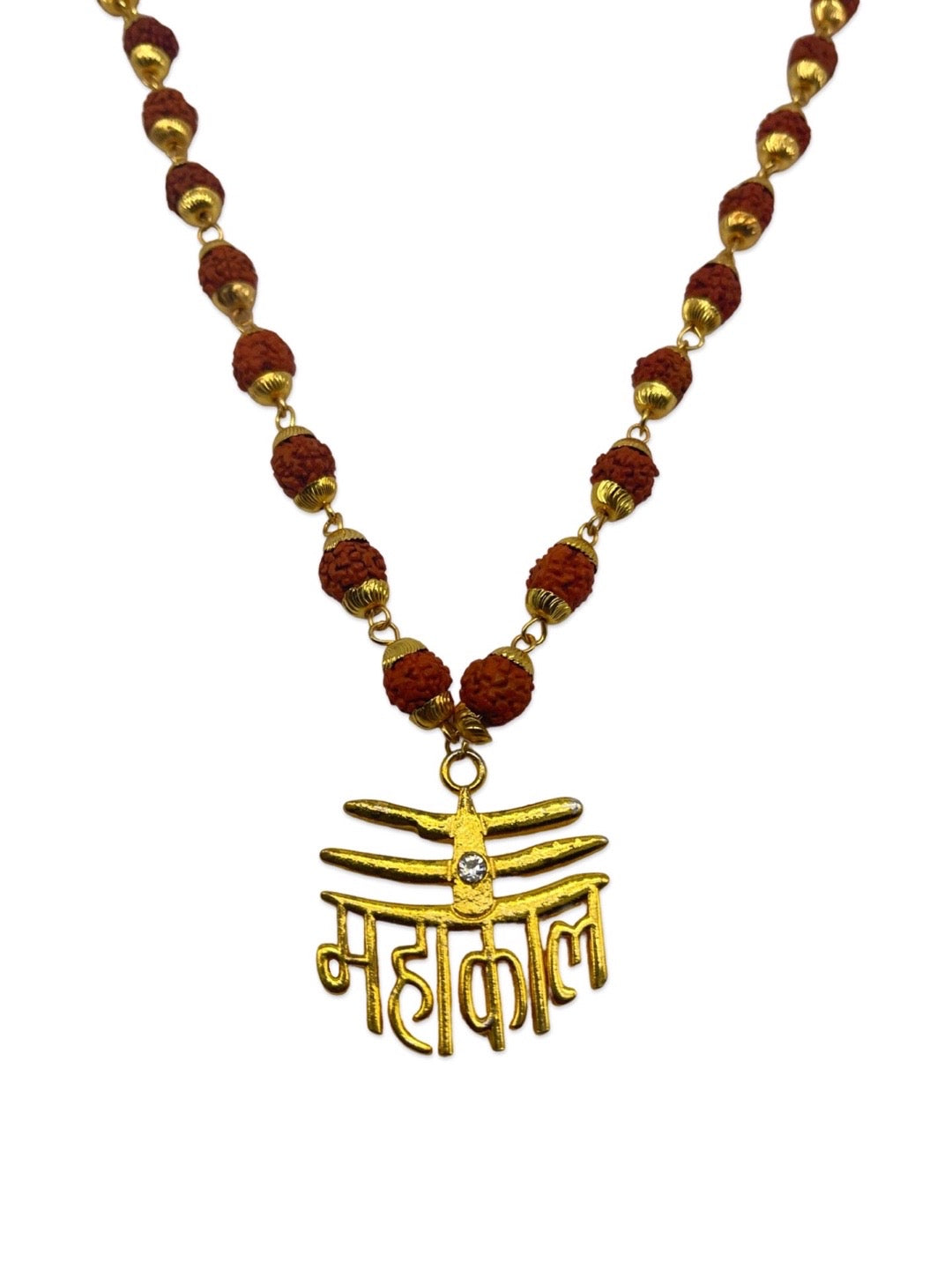 Gold-Plated Brown Beads Brass Lord Shiva Mahakal Locket Wood Pendant for Men & Women