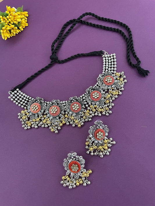 Boho Oxidized Choker Necklace Set With Earring