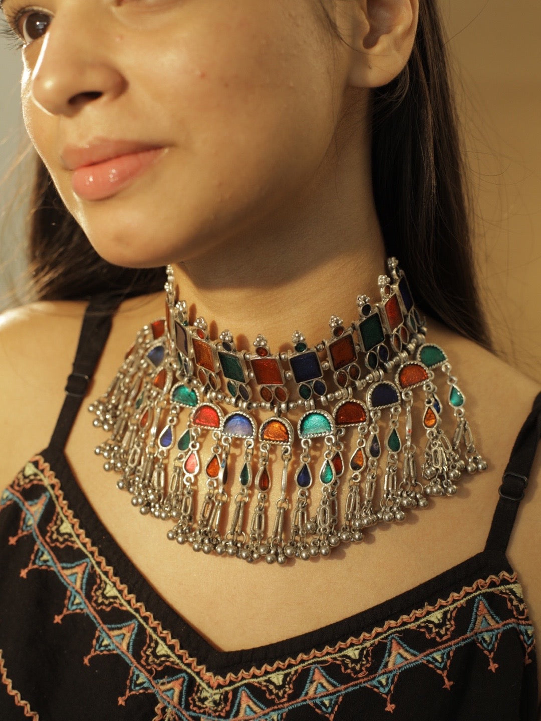Boho Oxidized Choker Necklace Set With Earrings Multicolor Enamal Design