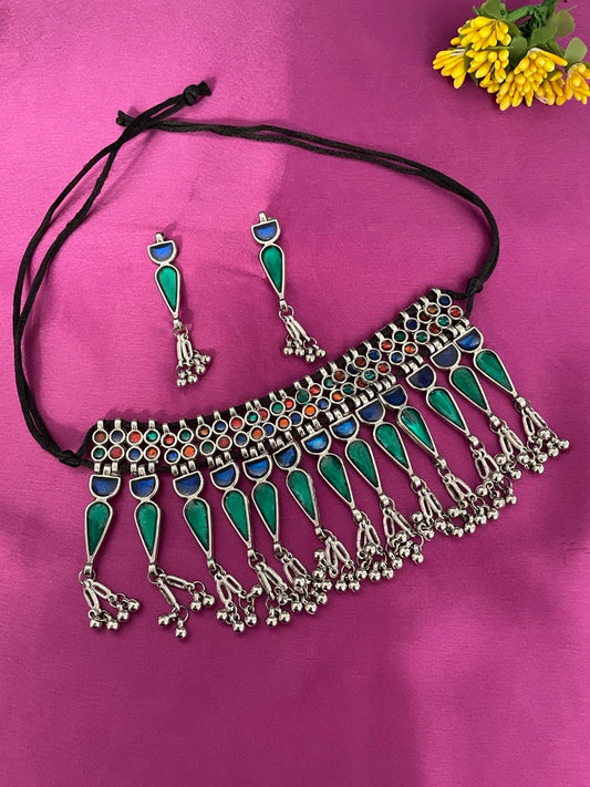 Boho Oxidized Choker Necklace Set With Dangle  Earrings Blue Green Enamal Design