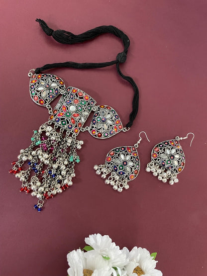 Boho Oxidized Choker Necklace Set With Earrings Tribal Design