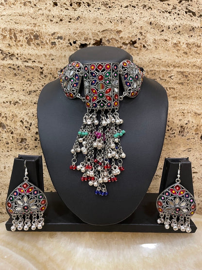 Boho Oxidized Choker Necklace Set With Earrings Tribal Design