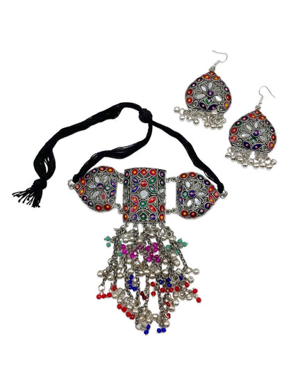 Boho Oxidized Choker Necklace Set With Earrings Tribal Design