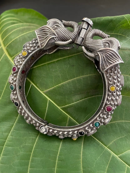 Silver Oxidized Elephant Design Multi color Bangle Kada