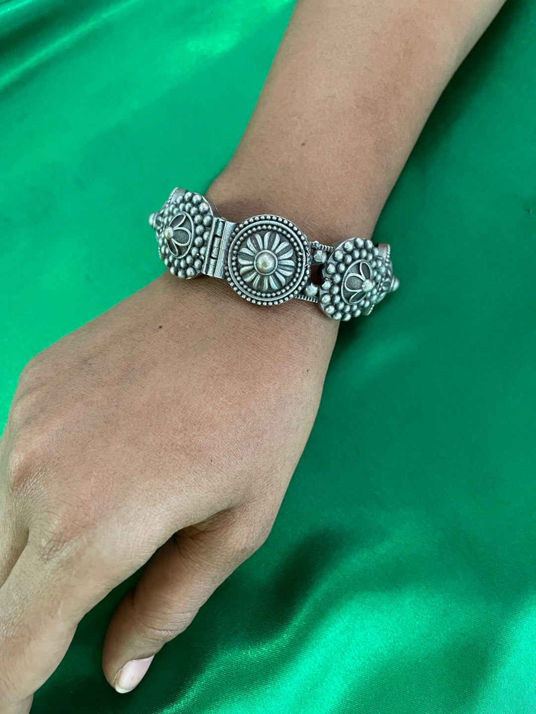 Silver oxidized Flower Design Bangle kada