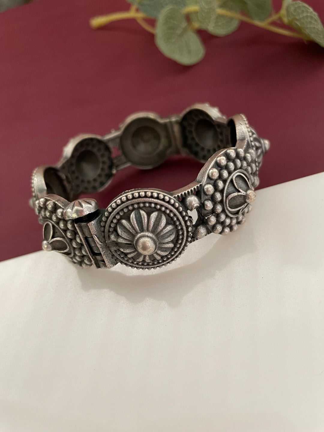 Silver oxidized Flower Design Bangle kada