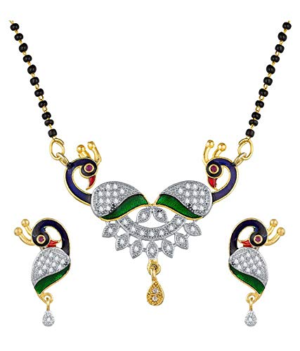Digital Dress Room Short Mangalsutra Designs Gold Plated Latest American Diamond Peacock Pendant Mangalsutra & Earrings