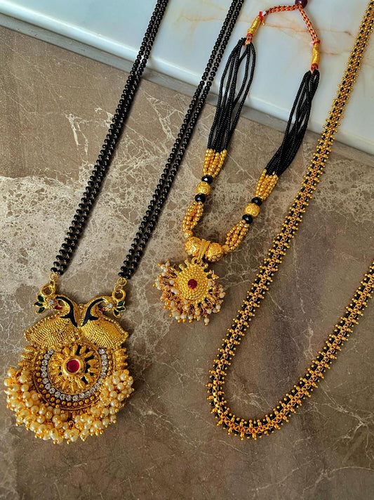 Combo Offer (Set of 3) Gold Plated Short Mangalsutra Design & Long Mangalsutras Designs With Peacock Pendant