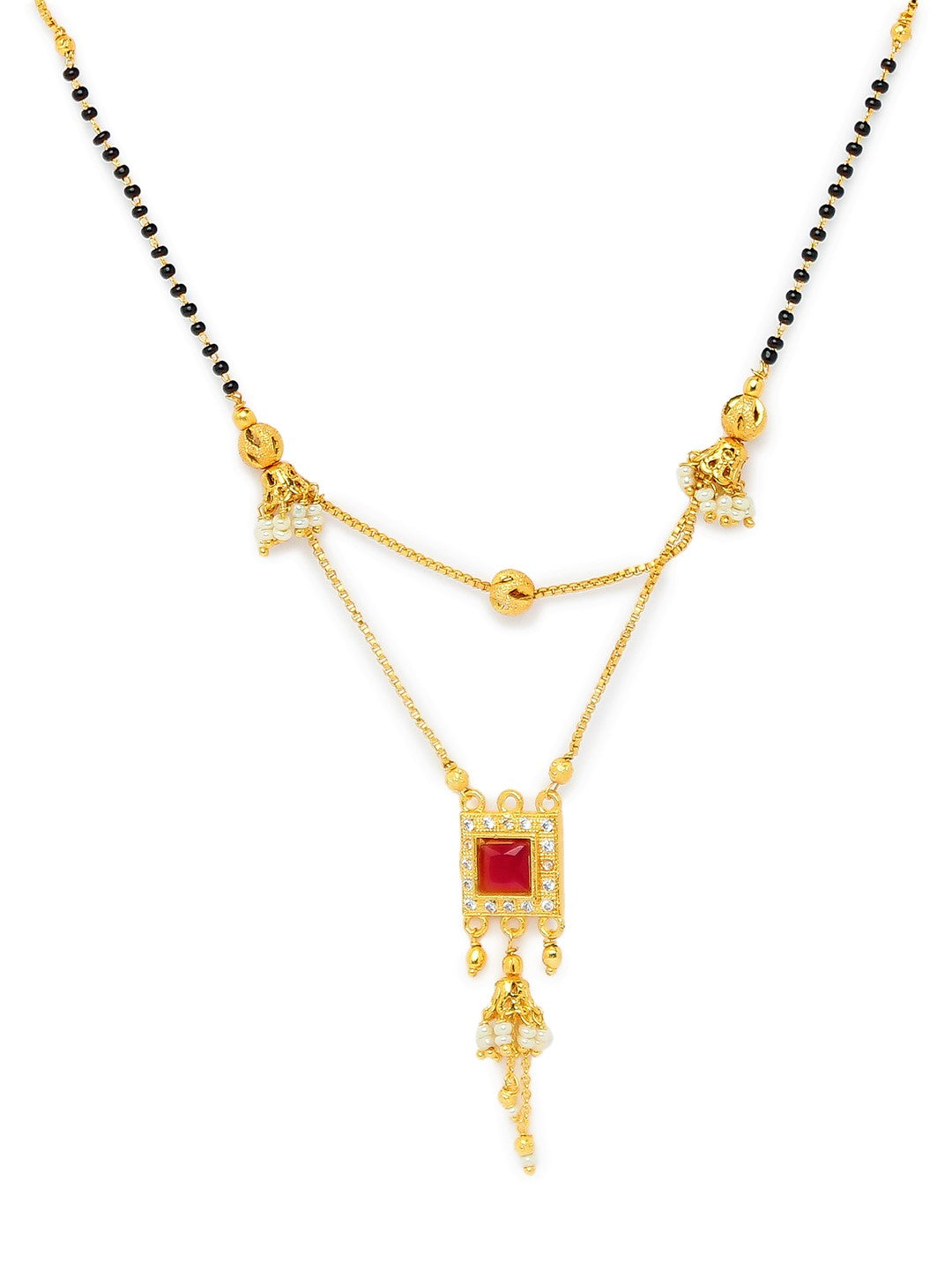 Short Mangalsutra Designs Gold Plated Latest Double Layer Square Shape Red Stone Pendant Mangalsutra