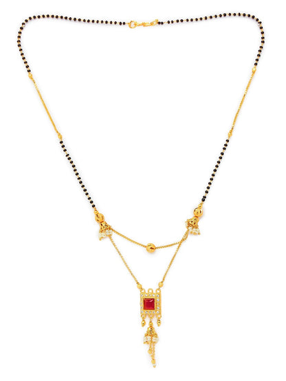 Short Mangalsutra Designs Gold Plated Latest Double Layer Square Shape Red Stone Pendant Mangalsutra