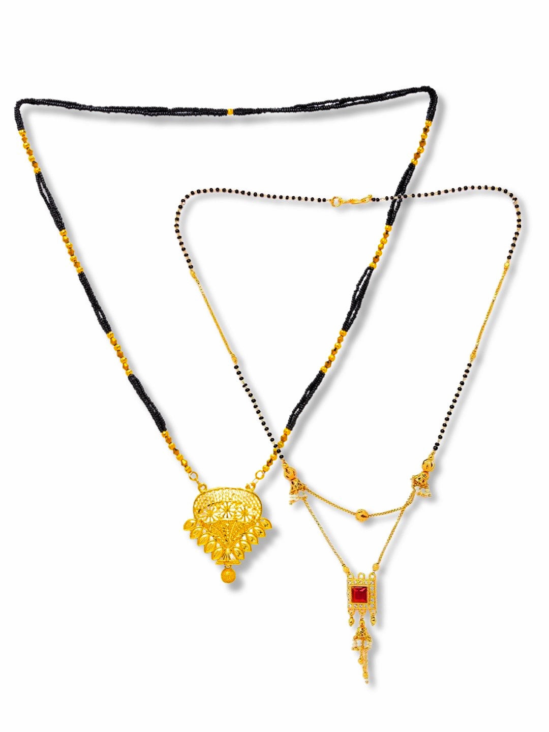 Combo Set of 2 Gold Plated Long Mangalsutra Designs and Short Mangalsutra Designs Red Stone Pendant