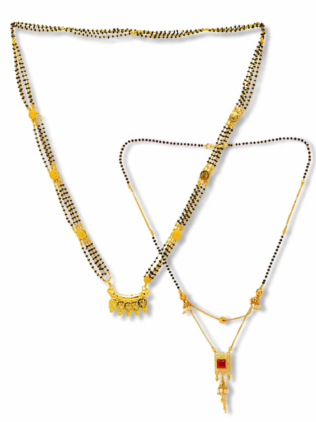 Combo Set of 2 Gold Plated Long Mangalsutra Designs and Short Mangalsutra Designs Red Stone Pendant