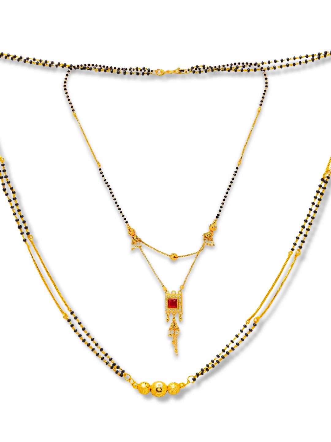 Combo Set of 2 Gold Plated Long Mangalsutra Designs and Short Mangalsutra Designs Red Stone Pendant