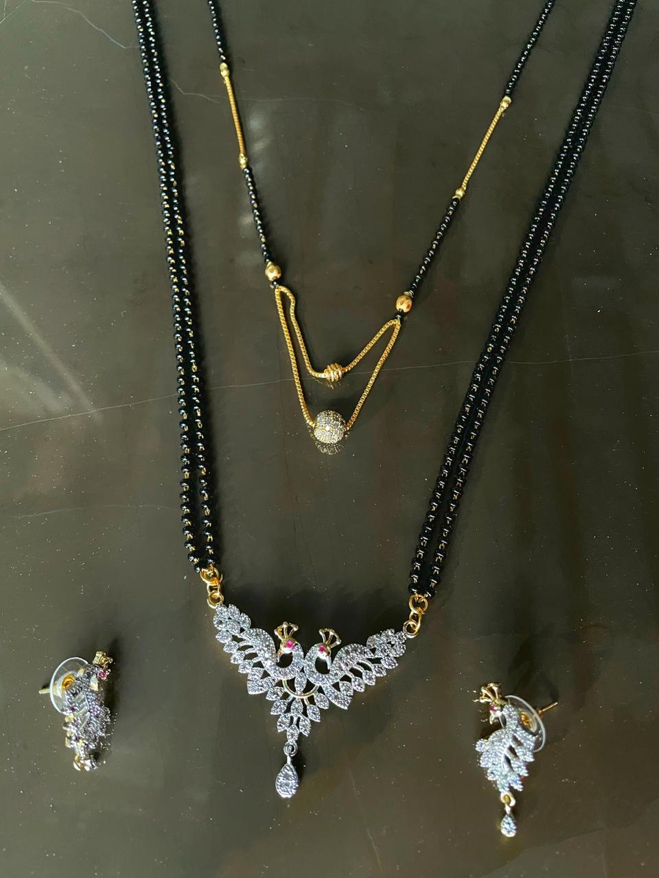 Combo Offer (Set of 2) Gold Plated Short Mangalsutra Design & Long Mangalsutra Design With American Diamond Peacock Pendant with Earrings