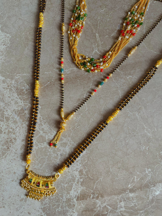 Combo offer (set of 3) Short Mangalsutra (18 inch)/Long Mangalsutras (31 inch)/Short Gold Multiple Chain Necklace set with Earrings One Gram Gold Plated Fancy Wear Red Green White Beads Collection New Mangalsutras Designs For Women