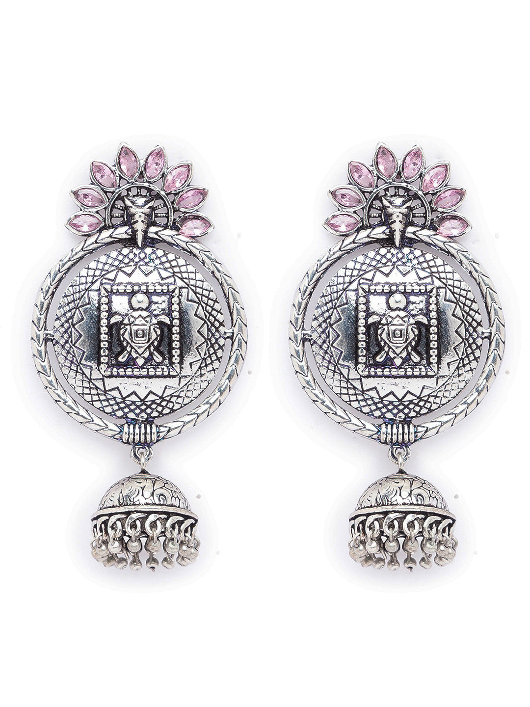German Oxidized Silver Earrings Tortoise Engraved Design Pink Stones Studded Dangler Jhumka