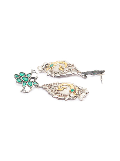 German Oxidized Silver Earrings Tribal Peacock Design Lightweight Stones Studded Danglers