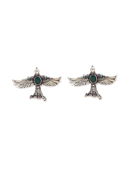 German Silver Oxidized Earrings Birds Design Engraved Red/Green stone studded Danglers
