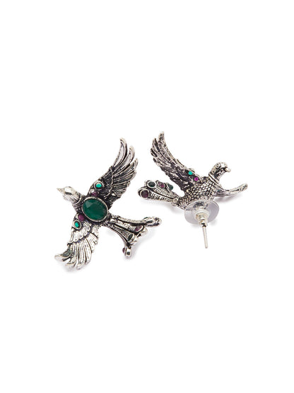 German Silver Oxidized Earrings Birds Design Engraved Red/Green stone studded Danglers