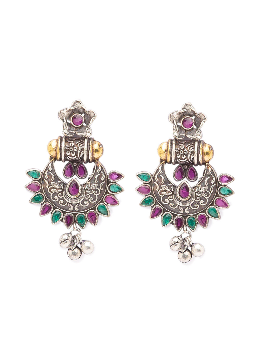 German Silver Oxidized Earrings Flower/Chandbali Design Multicolor Stones Studded Gungroo Danglers