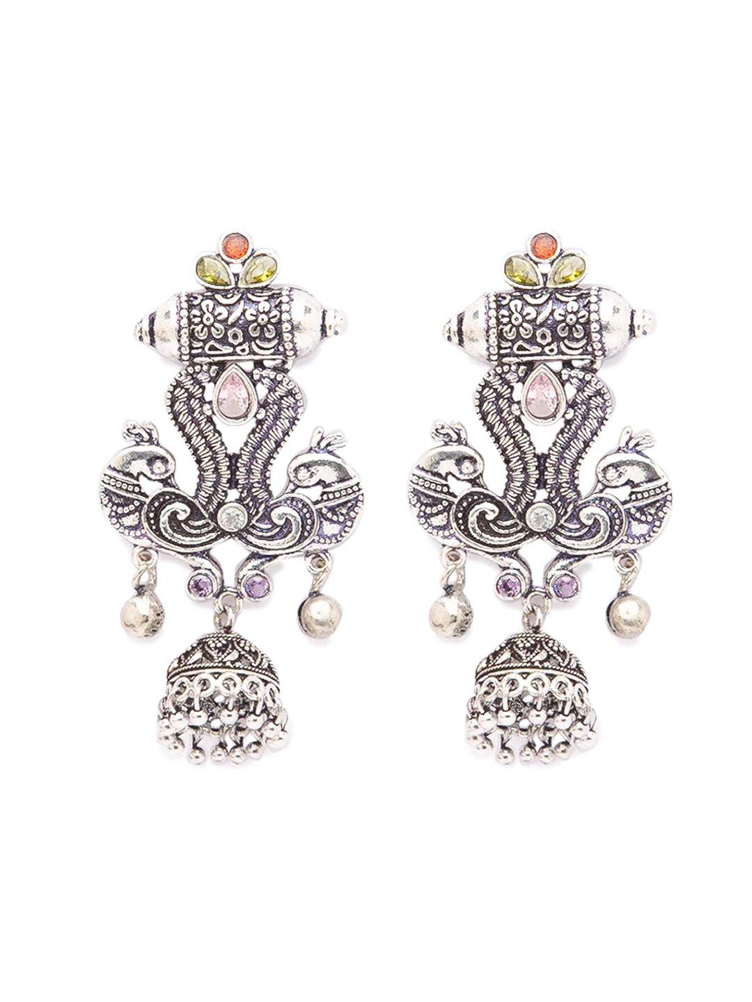 German Oxidized Silver Earrings Antique Tribal Peacock Design Engraved Lightweight Dangler Jhumka