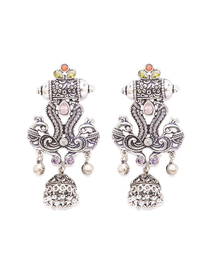 German Oxidized Silver Earrings Antique Tribal Peacock Design Engraved Lightweight Dangler Jhumka