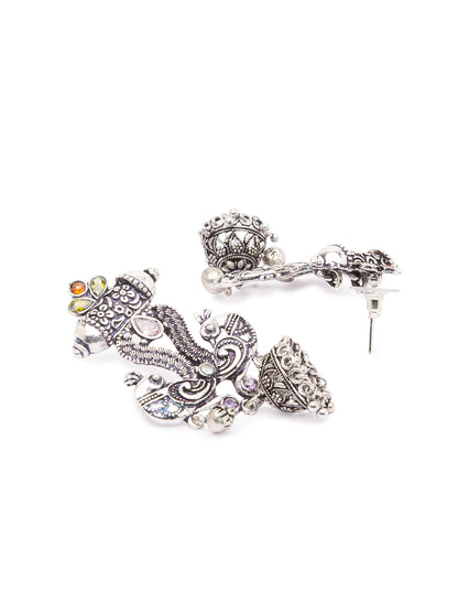 German Oxidized Silver Earrings Antique Tribal Peacock Design Engraved Lightweight Dangler Jhumka