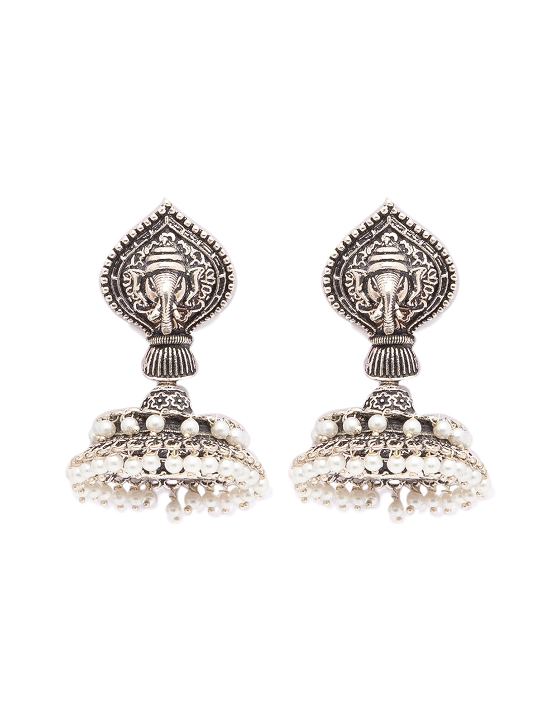 German Oxidized Silver Earrings Antique Tribal Trendy Ganesha Engraved Lightweight Dangler Jhumka