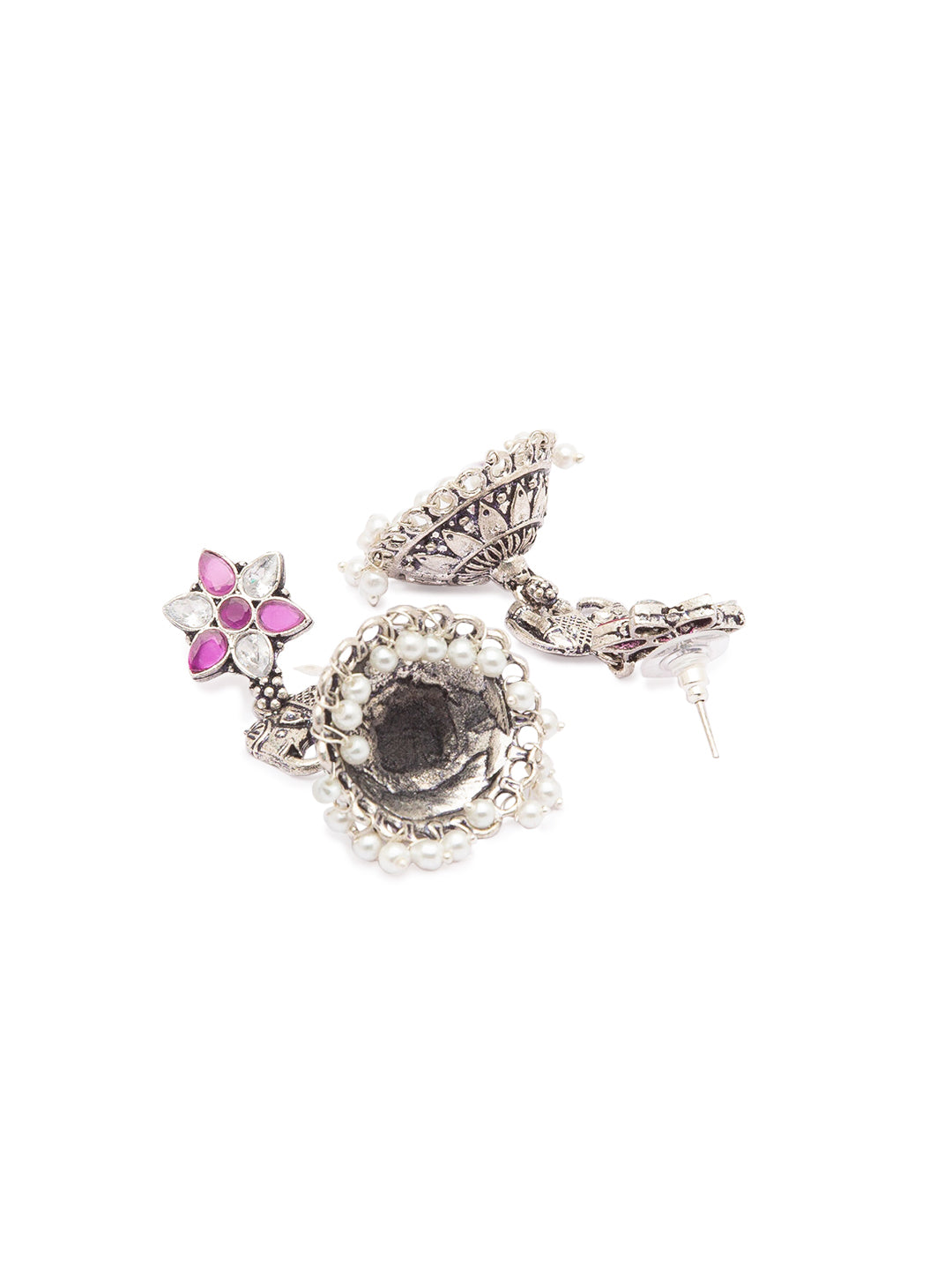German Oxidized Silver Earrings Flower/Elephant Engraved Design Stones Studded Dangler Pearl Jhumka