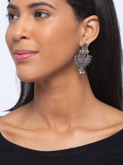 German Silver Oxidized Earrings Flower/Chandbali Design Multicolor Stones Studded Gungroo Danglers