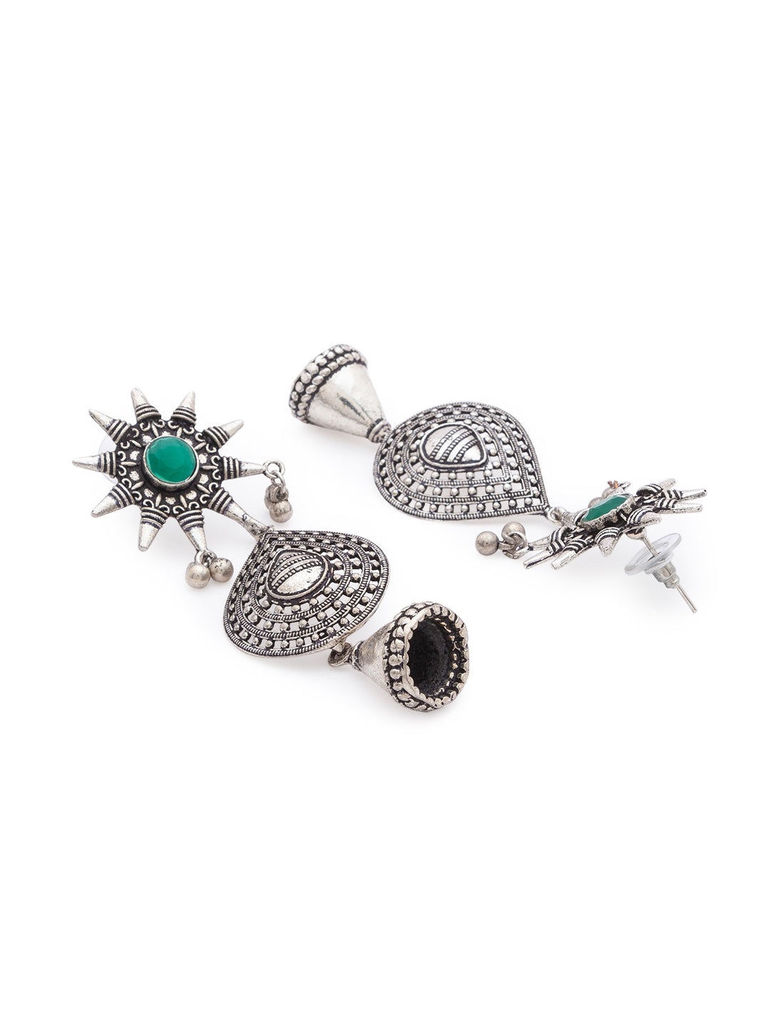German Oxidized Silver Earrings Antique Look Ethnic Art Stones Studded Danglers