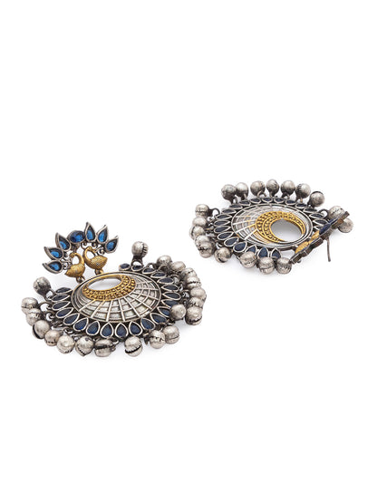 German Oxidized Silver Earrings Antique Tribal Peacock Design Stones Studded Gungroo Danglers