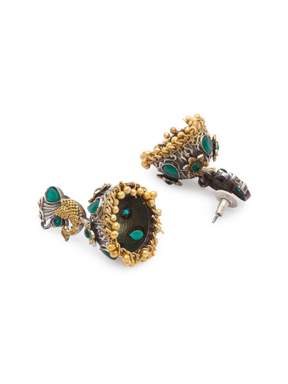German Oxidized Silver Earrings Tribal Peacock Engraved Lightweight Stones Studded Danglers