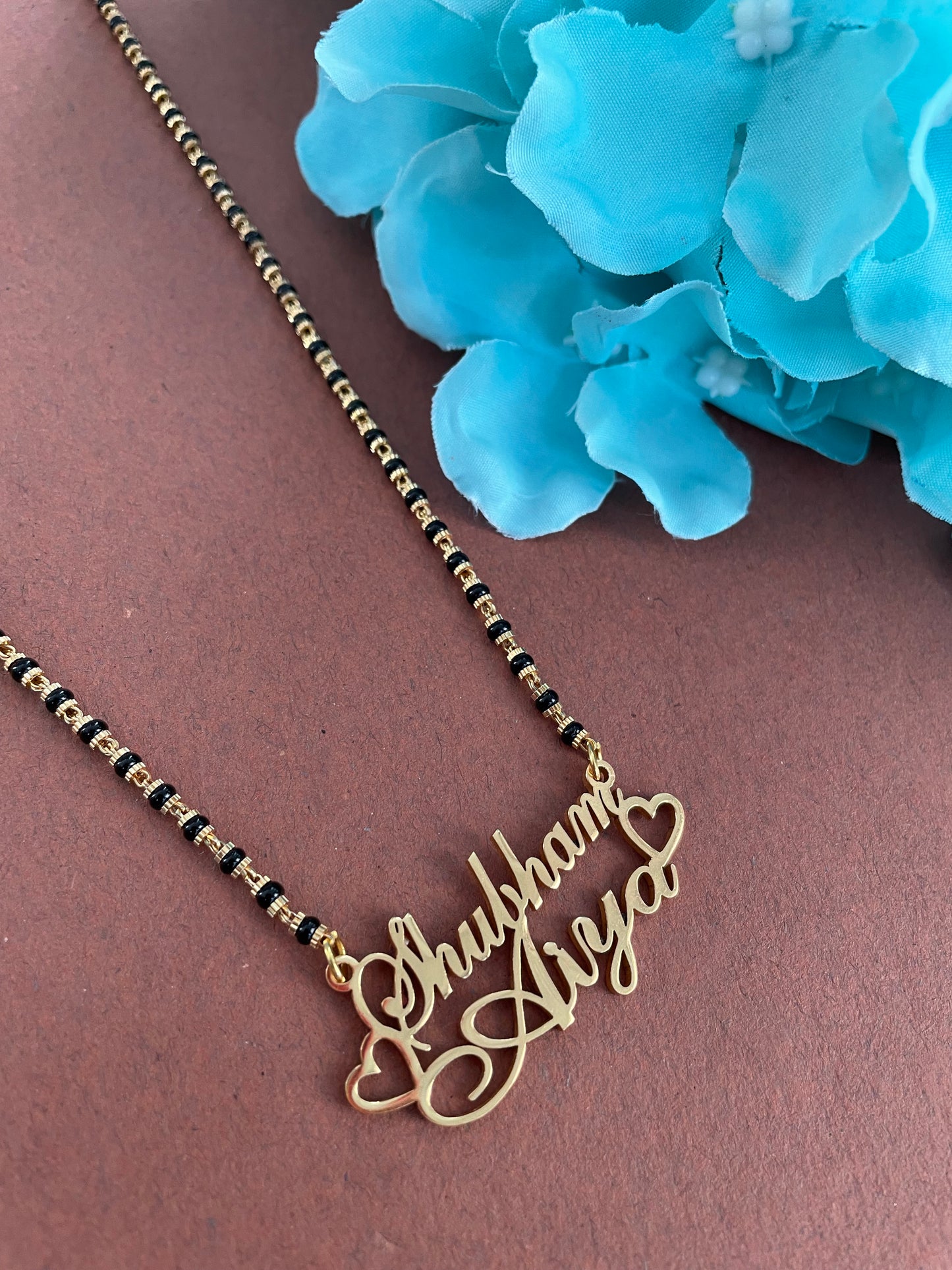 Cursive Name Long Mangalsutra Long Necklace With 2 Personalized Names Mini Hearts & Black Beaded Chain