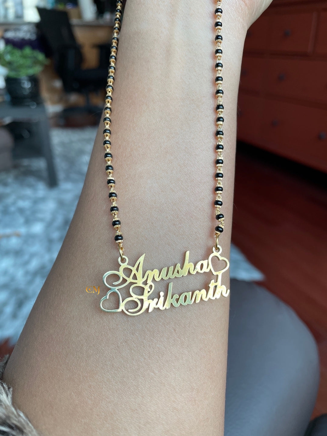 Cursive Name Long Mangalsutra Long Necklace With 2 Personalized Names Mini Hearts Black Beaded Chain