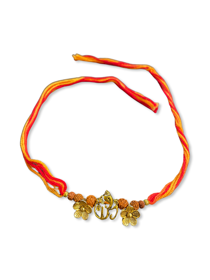 (Set of 3) Ganesh Ji Rakhi for Men Gold Flower Rudraksha Beads Rakhi