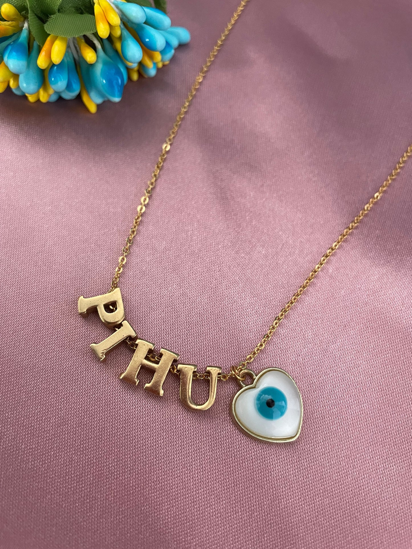White Heart / Round Evil Eye Custom Name Necklace