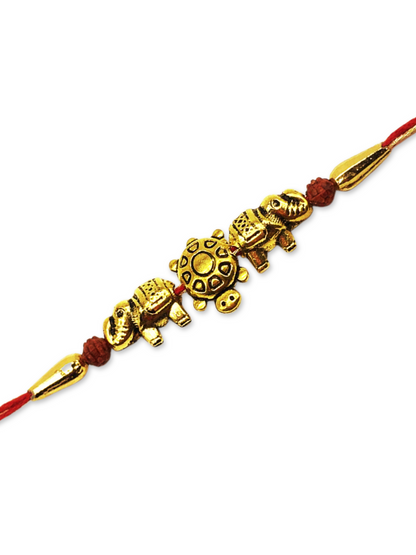 Latest Rakhi Design Gold Plated Tortoise/Elephant with Rudraksha Beads Pendant Mauli Raksha Bandhan