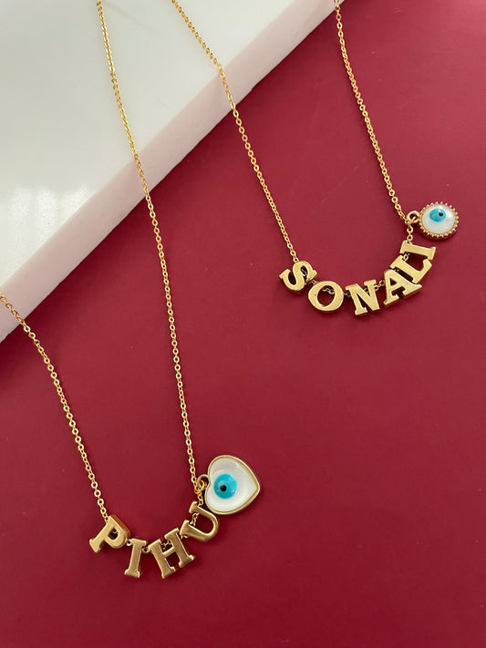 White Heart / Round Evil Eye Custom Name Necklace