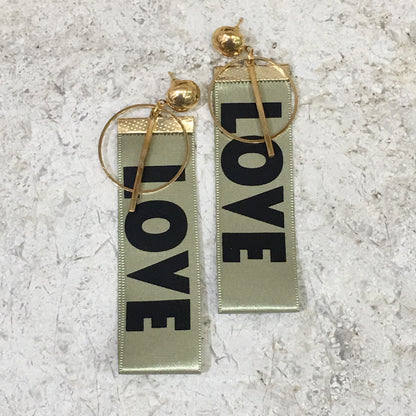 Digital Dress Room Long Drop Gold with Fabric Print LOVE On it Stud Earrings