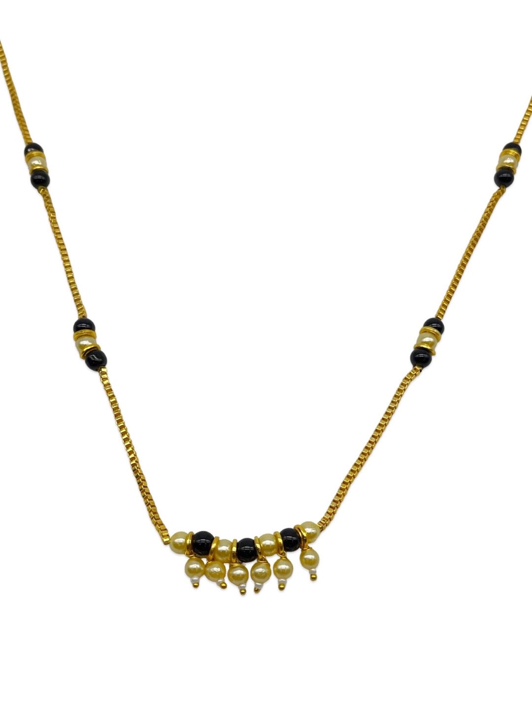 South Indian Long Mangalsutra Designs White Pearls Pendant Black Beads Gold Chain