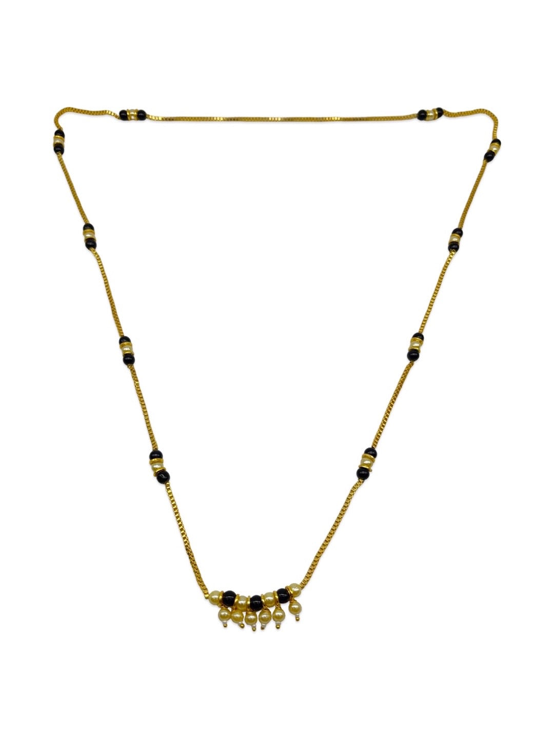 South Indian Long Mangalsutra Designs White Pearls Pendant Black Beads Gold Chain