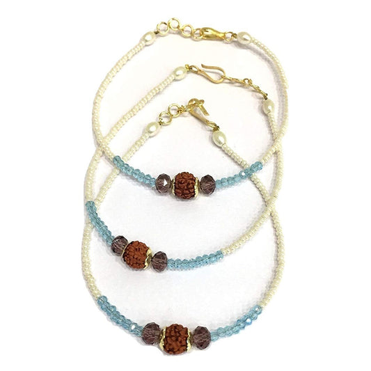 Digital Dress Room (Set of 3) Rudraksha Designer Rakhi with Grey Blue Crystal Beads & Pearls Adjustable Rakhi for Brother