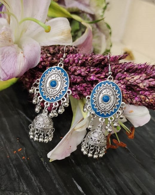 German Oxidized Silver Earrings Tribal Oval Shape Navy Blue Enamel Work Dangler Jhumka with Gungroo