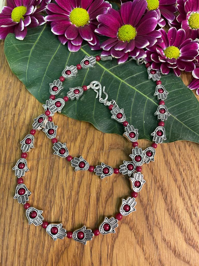 Antique German Oxidised Silver Anklets Hamsa Red beads Payal Silver Plating Pazeb Foot Jewellery