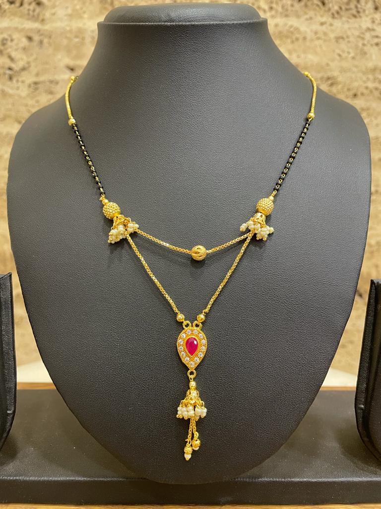 Short Mangalsutra Designs Gold Plated मंगळसूत्र Layered Pattern Drop Shape Red Stone Pendant(23-Inches)