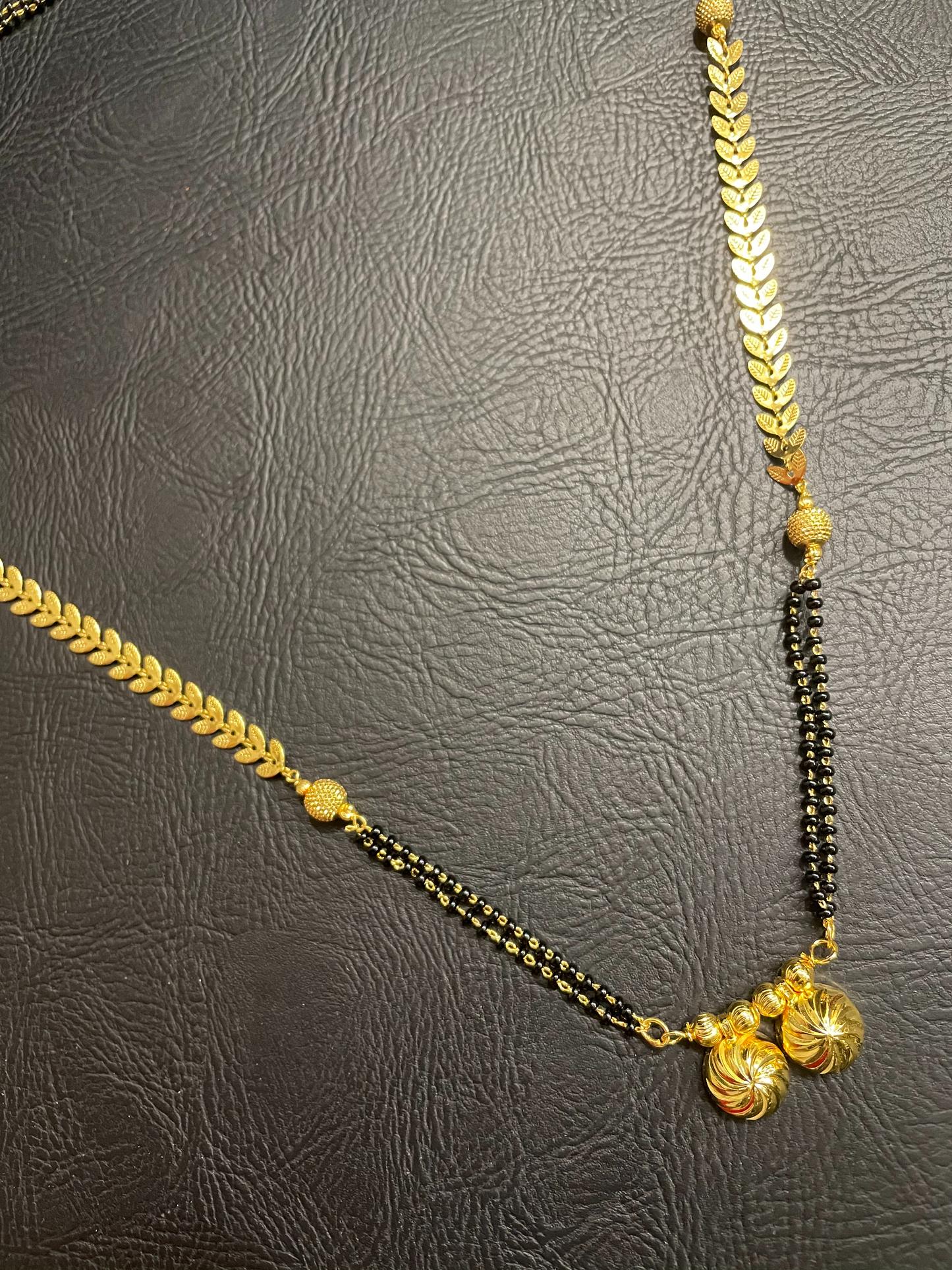 Traditional Gold Plated Long Mangalsutra Vati Pendant with Leafy Design Chain & Miniature Beads (30 Inches)