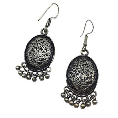 German Silver Oxidized Earrings Tribal Love words Engraved Oval Shape Light Antique Dangler Earrings